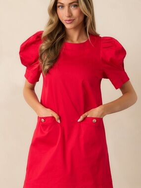 entro Red Puff-Sleeve Shift Dress with Front Pockets | Large